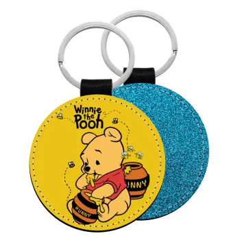Winnie the Pooh, Μπρελόκ Δερματίνη, στρογγυλό ΜΠΛΕ (5cm)