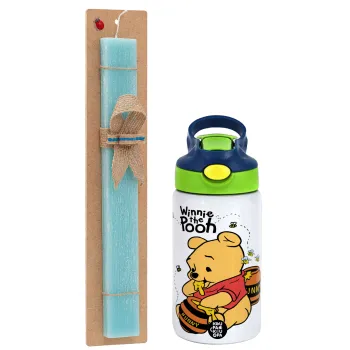 Winnie the Pooh, Easter Set, Children's thermal stainless steel bottle with safety straw, green/blue (350ml) & aromatic flat Easter candle (30cm) (TURQUOISE)