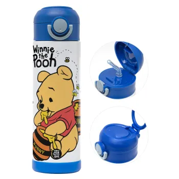 Γουίνι το Αρκουδάκι , Παιδικό παγούρι θερμό, ανοξείδωτο, με καλαμάκι ασφαλείας, ΜΠΛΕ (500ml)