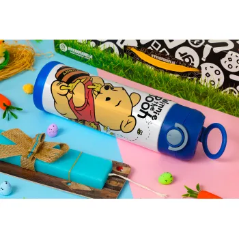 Winnie the Pooh, Easter candle, Childrens hot water bottle, stainless steel, with safety straw, BLUE (500ml)