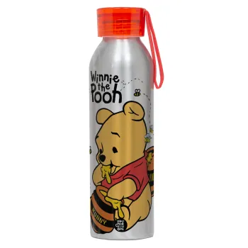 Γουίνι το Αρκουδάκι , Αλουμινένιο Αθλητικό Μπουκάλι 650ml – Ασημί με Κόκκινο Καπάκι και Λουράκι Σιλικόνης