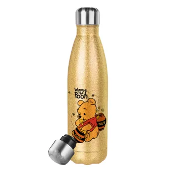 Winnie the Pooh, Glitter gold stainless steel thermos bottle, double-walled, 500ml