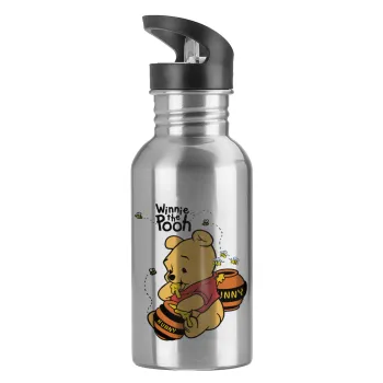 Winnie the Pooh, Water bottle Silver with straw, stainless steel 600ml