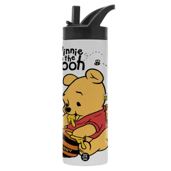Winnie the Pooh, Metallic thermos bottle with straw & handle, stainless steel (Stainless steel 304), double-walled, 600ml.