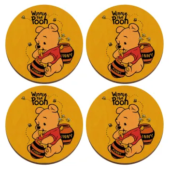 Γουίνι το Αρκουδάκι , ΣΕΤ x4 Σουβέρ ξύλινα στρογγυλά plywood (9cm)