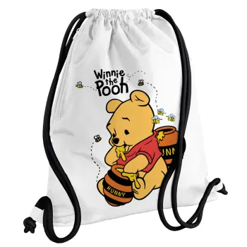 Winnie the Pooh, Backpack pouch GYMBAG white, with pocket (40x48cm) & thick cords