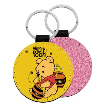 Winnie the Pooh, Μπρελόκ Δερματίνη, στρογγυλό ΡΟΖ (5cm)