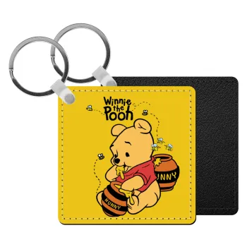 Winnie the Pooh, Μπρελόκ Δερματίνη, τετράγωνο ΜΑΥΡΟ (5x5cm)