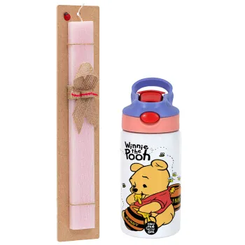 Γουίνι το Αρκουδάκι , Πασχαλινή Λαμπάδα με Παιδικό παγούρι θερμό, ανοξείδωτο, με καλαμάκι ασφαλείας, ροζ/μωβ (350ml) & κερί αρωματικό πλακέ (30cm) (ΡΟΖ)