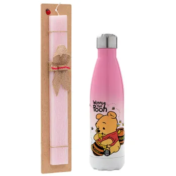 Γουίνι το Αρκουδάκι , Πασχαλινή Λαμπάδα με Μεταλλικό παγούρι θερμός Ροζ/Λευκό (Stainless steel), διπλού τοιχώματος, 500ml & κερί αρωματικό πλακέ (30cm) (ΡΟΖ)