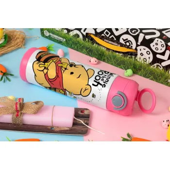 Winnie the Pooh, Easter candle, Childrens hot water bottle, stainless steel, with safety straw, PINK (500ml)