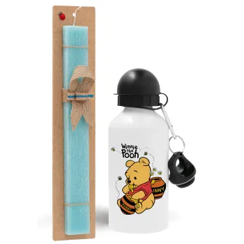 Winnie the Pooh, Easter Set, metallic aluminum water bottle (500ml) & scented flat candle (30cm) (TURQUOISE)