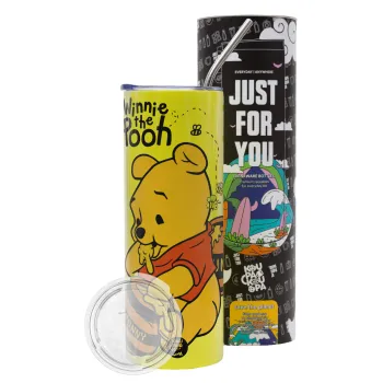 Γουίνι το Αρκουδάκι , Neon Yellow Travel Tumbler θερμό, μεταλλικό καλαμάκι(Ανωξείδωτο 304 Food grade, BPA free, 600ml)