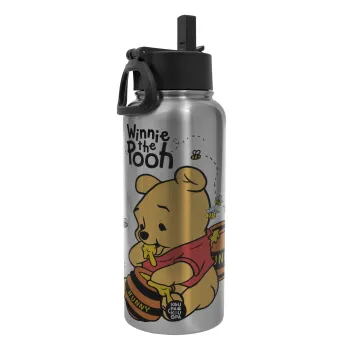 Γουίνι το Αρκουδάκι , Μεταλλικό παγούρι θερμός Silver με καλαμάκι και χερούλι (Stainless steel), διπλού τοιχώματος, 950ml