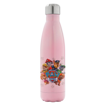 PAW patrol, τα κουτάβια, Μεταλλικό παγούρι θερμός Ροζ Ιριδίζον (Stainless steel), διπλού τοιχώματος, 500ml