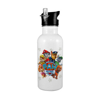 PAW patrol, White water bottle with straw, stainless steel 600ml