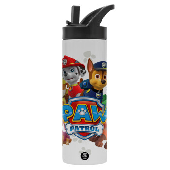PAW patrol, τα κουτάβια, Μεταλλικό παγούρι θερμός με καλαμάκι & χειρολαβή, ανοξείδωτο ατσάλι (Stainless steel 304), διπλού τοιχώματος, 600ml