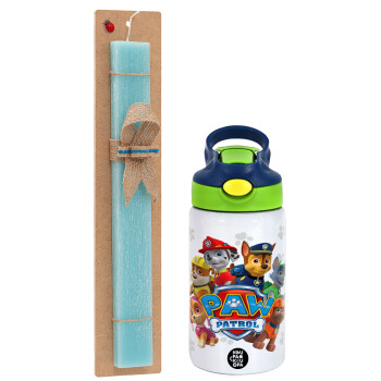PAW patrol, Easter Set, Children's thermal stainless steel bottle with safety straw, green/blue (350ml) & aromatic flat Easter candle (30cm) (TURQUOISE)
