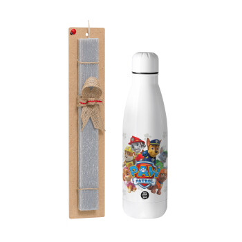 PAW patrol, Easter Set, metallic stainless thermos bottle (500ml) & scented flat Easter candle (30cm) (GRAY)