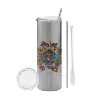 PAW patrol, Eco friendly stainless steel Silver tumbler 600ml, with metal straw & cleaning brush