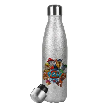 PAW patrol, Metallic Glitter Silver Thermos Flask (Stainless steel), double-walled, 500ml
