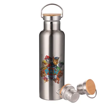 PAW patrol, Stainless steel Silver with wooden lid (bamboo), double wall, 750ml