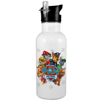 PAW patrol, τα κουτάβια, Παγούρι νερού Λευκό με καλαμάκι, ανοξείδωτο ατσάλι 600ml