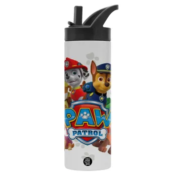 PAW patrol, τα κουτάβια, Μεταλλικό παγούρι θερμός με καλαμάκι & χειρολαβή, ανοξείδωτο ατσάλι (Stainless steel 304), διπλού τοιχώματος, 600ml