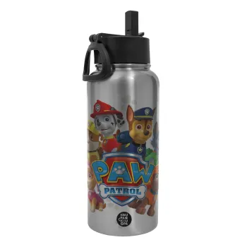PAW patrol, τα κουτάβια, Μεταλλικό παγούρι θερμός Silver με καλαμάκι και χερούλι (Stainless steel), διπλού τοιχώματος, 950ml