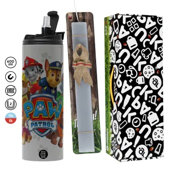 PAW patrol, τα κουτάβια, Πασχαλινή Λαμπάδα με Travel Tumbler θερμό (600ml, BPA free) & κερί αρωματικό πλακέ (30cm) (ΓΚΡΙ)