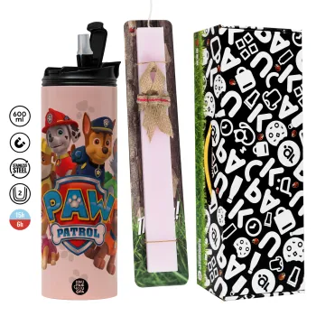 PAW patrol, τα κουτάβια, Πασχαλινή Λαμπάδα με  ΡΟΖ Travel Tumbler θερμό (600ml, BPA free) & κερί αρωματικό πλακέ (30cm) (ΡΟΖ)