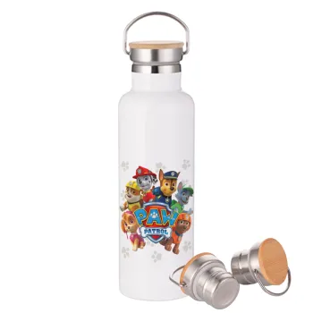 PAW patrol, Stainless steel White with wooden lid (bamboo), double wall, 750ml