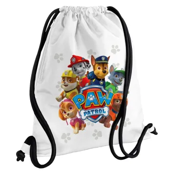 PAW patrol, τα κουτάβια, Τσάντα πλάτης πουγκί GYMBAG λευκή, με τσέπη (40x48cm) & χονδρά κορδόνια