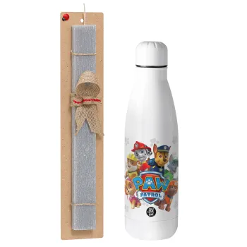 PAW patrol, Easter Set, metallic stainless thermos bottle (500ml) & scented flat Easter candle (30cm) (GRAY)
