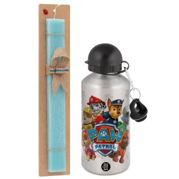 PAW patrol, Easter Set, metallic silver aluminum water bottle (500ml) & scented flat Easter candle (30cm) (TURQUOISE)