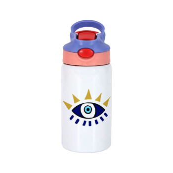 blue evil eye, Children's hot water bottle, stainless steel, with safety straw, pink/purple (350ml)