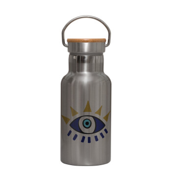 blue evil eye, Stainless steel metallic thermos flask, silver with a bamboo lid, double-walled, 350ml.