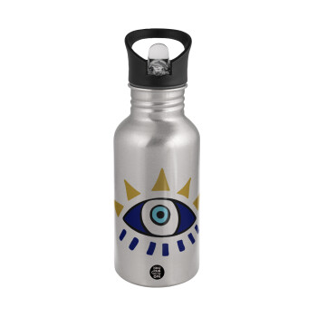 blue evil eye, Water bottle Silver with straw, stainless steel 500ml
