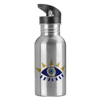 blue evil eye, Water bottle Silver with straw, stainless steel 600ml