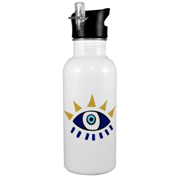 blue evil eye, White water bottle with straw, stainless steel 600ml