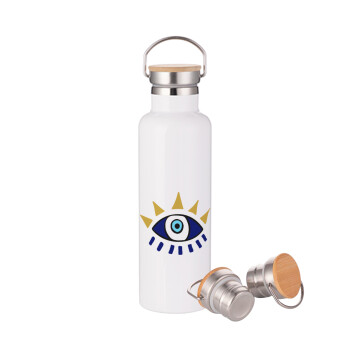 blue evil eye, Stainless steel White with wooden lid (bamboo), double wall, 750ml