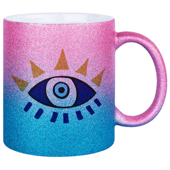 Μάτι, Κούπα Χρυσή/Μπλε Glitter, κεραμική, 330ml