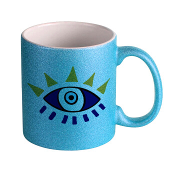 blue evil eye, Κούπα Σιέλ Glitter που γυαλίζει, κεραμική, 330ml