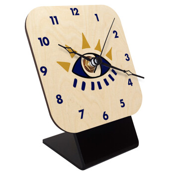 blue evil eye, Quartz Table clock in natural wood (10cm)