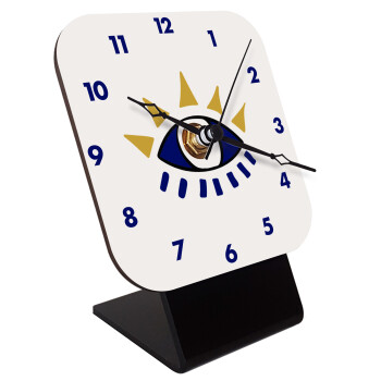 blue evil eye, Quartz Wooden table clock with hands (10cm)