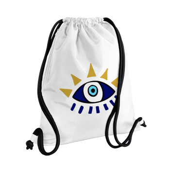 blue evil eye, Τσάντα πλάτης πουγκί GYMBAG λευκή, με τσέπη (40x48cm) & χονδρά κορδόνια