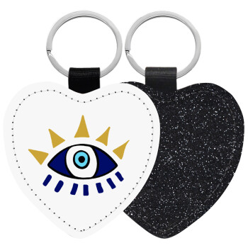 blue evil eye, Μπρελόκ PU δερμάτινο glitter καρδιά ΜΑΥΡΟ
