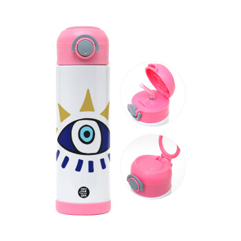 blue evil eye, Children's hot water bottle, stainless steel, with safety straw, PINK (500ml)