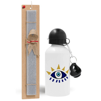 blue evil eye, Easter Set, metallic aluminum water bottle (500ml) & aromatic flat Easter candle (30cm) (GRAY)