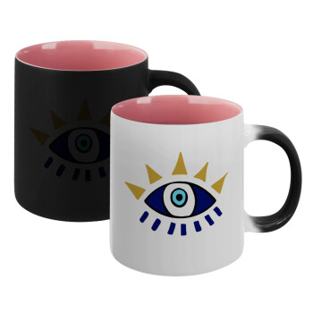 blue evil eye, Κούπα Μαγική εσωτερικό ΡΟΖ, κεραμική 330ml που αλλάζει χρώμα με το ζεστό ρόφημα